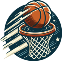 Illustration of a basketball sinking through a hoop png