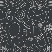 Happy birthday pattern. Seamless birthday background. Illustration with cake, gift box, party hat, balloons. vector