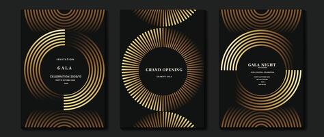 Luxury invitation card background . Golden elegant geometric shape, gold lines gradient on dark background. Premium design illustration for gala card, grand opening, wedding, party invitation. vector