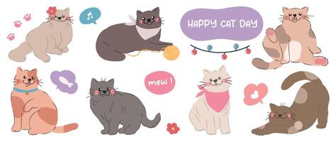 linda gatos y gracioso gatito garabatear elemento . contento internacional gato día caracteres diseño colección con plano color en diferente posa conjunto de adorable mascota animales aislado en blanco antecedentes. vector