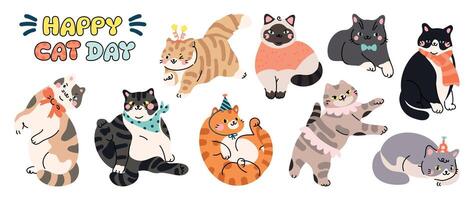 Cute cats and funny kitten doodle element . Happy international cat day characters design collection with flat color in different poses. Set of adorable pet animals isolated on white background. vector