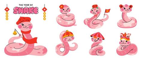 Cute funny snakes element set. Chinese new year symbol, happy snake character in lion dance costume, hat, coin. Year of the snake illustration for greeting card, sticker, calendar, background. vector