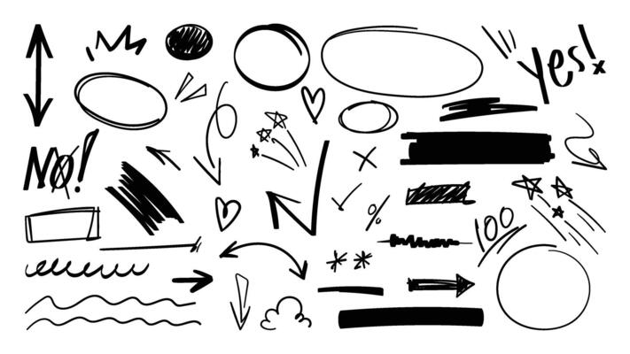 Set of cute pen line doodle element . Hand drawn doodle style collection of scribble, speech bubble, arrow, star, heart. Design for print, cartoon, card, decoration, sticker.
