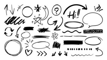 Set of cute pen line doodle element . Hand drawn doodle style collection of scribble, speech bubble, arrow, heart, flower. Design for print, cartoon, card, decoration, sticker. vector