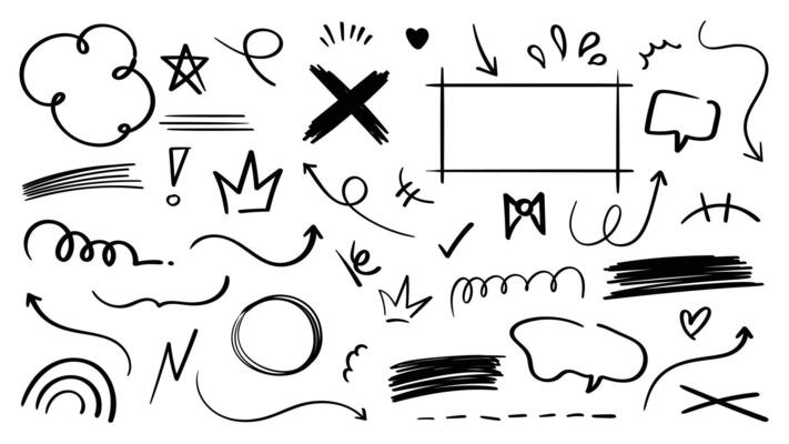 Set of cute pen line doodle element . Hand drawn doodle style collection of scribble, speech bubble, arrow, star, crown, heart. Design for print, cartoon, card, decoration, sticker.