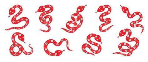 Chinese New Year snake design set. Element zodiac sign year of the snake with cherry blossom flower pattern on snake red color. Illustration design of background, card, sticker, calendar. vector