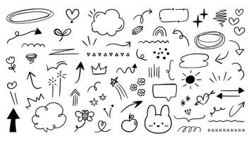 Set of cute pen line doodle element . Hand drawn doodle style collection of scribble, speech bubble, arrow, crown, bear, flower, bee. Design for print, cartoon, card, decoration, sticker. vector