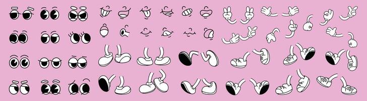 Set of 70s groovy comic . Collection of cartoon character faces in different emotions, hand, glove, shoes. Cute retro groovy hippie illustration for decorative, sticker. vector