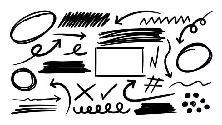 Set of scribble doodle element . Hand drawn doodle style collection of arrows, scribble, speech bubble, cross symbol. Design for print, cartoon, card, decoration, sticker.