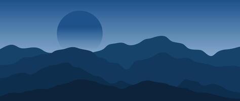 montaña mínimo antecedentes . resumen paisaje colinas con azul color, noche tiempo, amanecer, Luna. naturaleza ver ilustración diseño para hogar decoración, fondo de pantalla, huellas dactilares, bandera, interior decoración. vector