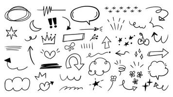 Set of cute pen line doodle element . Hand drawn doodle style collection of scribble, speech bubble, arrow, crown, star, ribbon, cherry. Design for print, cartoon, card, decoration, sticker. vector