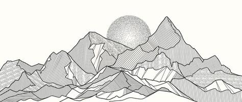 Mountain Hand drawn background . Minimal landscape art with line art and moon spot texture. Abstract art wallpaper illustration for prints, Decoration, interior decor, wall arts, canvas prints. vector