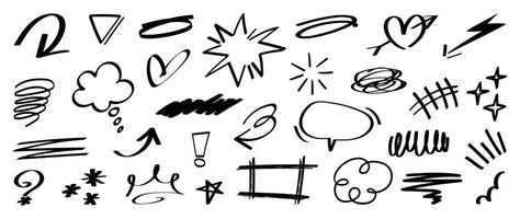 Set of cute pen line doodle element . Hand drawn doodle style collection of heart, arrows, scribble, speech bubble, sparkle. Design for print, cartoon, card, decoration, sticker. vector