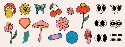 Set of 70s groovy comic . Collection of cartoon character faces in different and mushroom, cherry, flower, butterfly. Cute retro groovy hippie illustration for decorative, sticker. vector