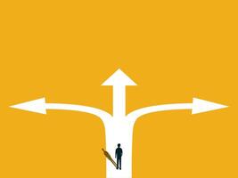 businessman walks at a crossroads with the road dividing into three directions like an arrow vector