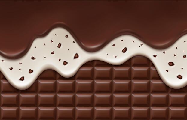Realistic chocolate drip melt with chips and cream