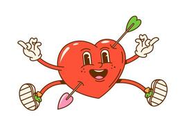 Cartoon groovy heart character pierced by arrow vector