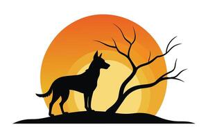 dog Silhouette on Sunset Branch Illustration vector