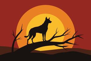 perro silueta en puesta de sol rama ilustración vector