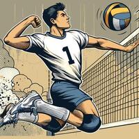 A Player Jump to Shoot a Beach Volleyball Infront of The Net Vintage Engraved vector