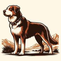 A Dog Standing on a Desert with Mountain Background vector