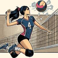 A Beach Volleyball Player Jump to Shoot the Volleyball Infront of The Net Vintage Engraved Style vector