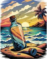 Message in the bottle on the beach at sunset. illustration. vector