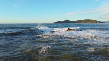Water waves crash against rocky shoreline in natural landscape video