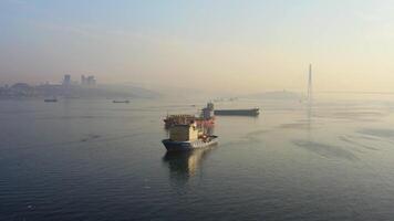 Aerial. the waters of Vladivostok and the icebreaker Magadan in the roadstead video