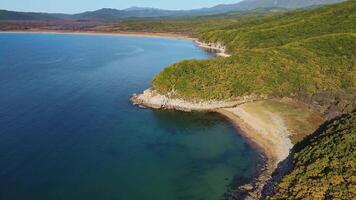 zee van Japan gewiegd door majesteit natuur. majesteit van natuur weerspiegeld in rustig wateren majesteit van natuur heiligdom voor marinier soorten tussen water en rots van de natuur pracht is voor eeuwig geëtst. video