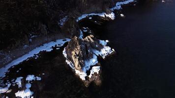 Northern nature ocean and cliffs breathtaking scene aerial view. Northern nature showcasing serene beauty sea rocks Northern nature majestic serene symbolizing tranquility amidst ocean's might. video