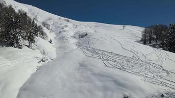 Drohne Aussicht von ein schneebedeckt Steigung mit Spuren von Ski und Snowboards. Freifahrt video