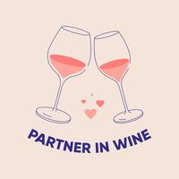 Partner in Wine line art drawing with text and hearts. Glasses of white and red wine, cheers. Flat illustration for greeting cards, postcards, invitations, menu design. Line art template. vector