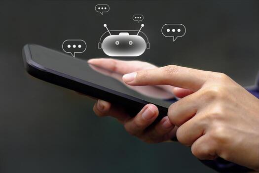 Businessman using smartphone chatbot conversation, show chat message box talking virtual. digital online, communication online, software technology and the virtual assistant on communication internet. photo