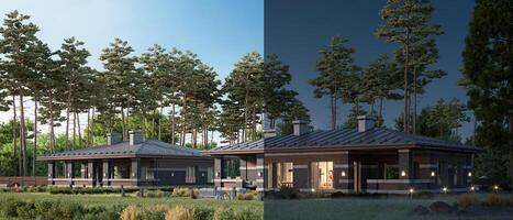 3d rendering of a modern private house, day transfers into night concept photo