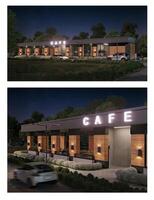 3d rendering of a modern illuminated street city cafe at night photo