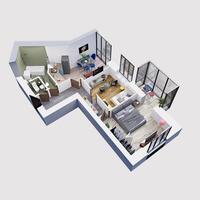 3d render plan and layout of a modern colorful apartment, isometric photo