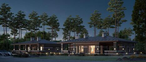 3d render of a modern private house stone texture facade, illuminated night view photo