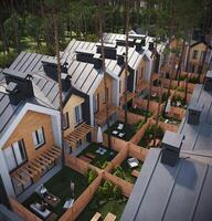 3d render of modern private townhouses in the wood, aerial view photo