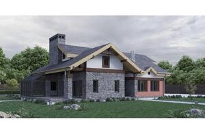 3d render of a modern private house stone texture facade with green lawn photo