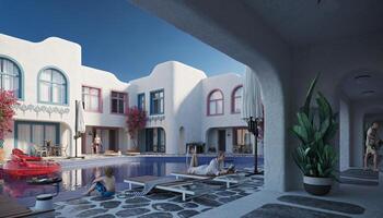 3d render of a greek style townhouses or hotel with a swimming pool in the yard photo