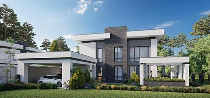 Modern private house with a roof terrace, 3d rendering photo