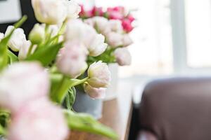 White and pink tulips in a beautiful blur. Lots of colors and free space for writing. Nobody photo