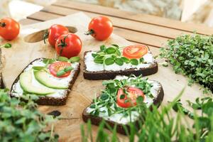 Sandwiches with tomatoes and microgreens on goat cheese lie on a wooden board. Nearby are many trays with microgreens and tomatoes. photo