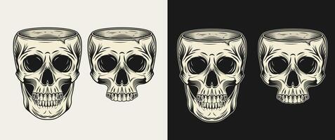 Human skull without top like cup, bowl, vase. Whole skull, half skull without jaw. Front view illustration in vintage style. vector