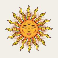 Sun with face, closed eyes. Illustration in vintage style on white background. Mythological fairytale character, alchemy and astrology symbol. Solar sign. vector