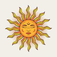 Sun with face, closed eyes. Illustration in vintage style on white background. Mythological fairytale character, alchemy and astrology symbol. Solar sign. vector