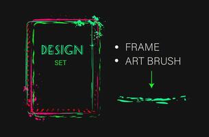 Set of design elements, rectangular frame, grunge art brush. Geometric shape with copy space, paint brush strokes, spattered paint of neon bright colors. Virtual abstract clip art vector