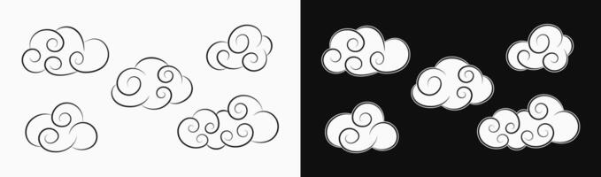 Clouds set on white, black background in vintage style. Cartoon white fluffy clouds for day and for night. Good for groovy, hippie, naive style, kids design. vector