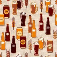 Seamless pattern with icons of beer bottle, cans, beer drink glasses, barley spikes on jute textured background. Good for branding, decoration of beer package, decorative print. Simple flat style vector